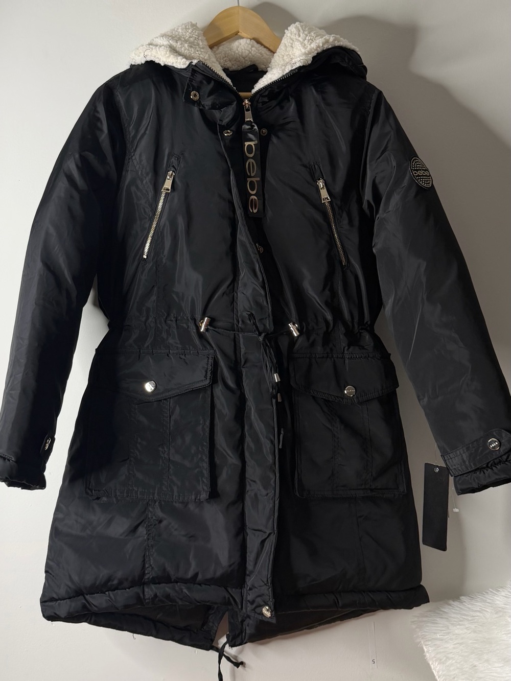 bebe Black Sherpa-Lined Hooded Puffer Coat